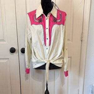 Ivory Western Shirt with Hot Pink Yoke and Embroidery